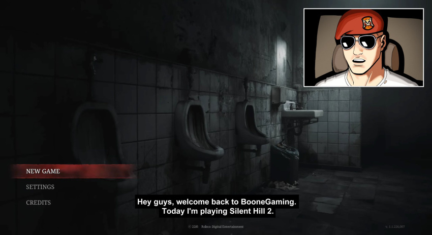 1boy, bathroom, beret, caption, chair, craig_boone, decomposedtaco, english_text, fallout, fallout:_new_vegas, game_screenshot_inset, hat, highres, livestream, mirror, shirt, silent_hill_(series), silent_hill_2_(remake), sink, solo, sunglasses, urinal, white_shirt