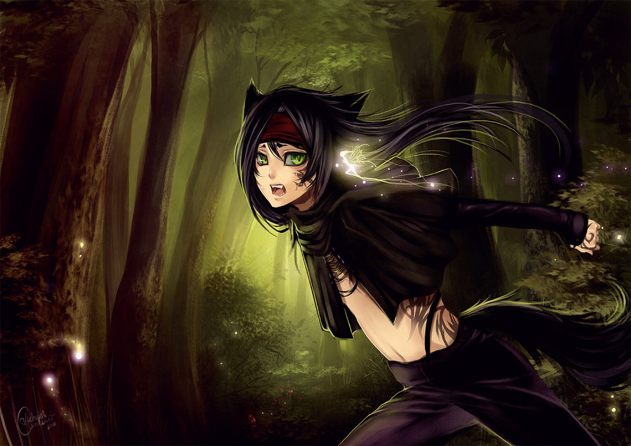 animal, animal_ears, black_hair, copyright_request, fairy, fangs, green_eyes, headband