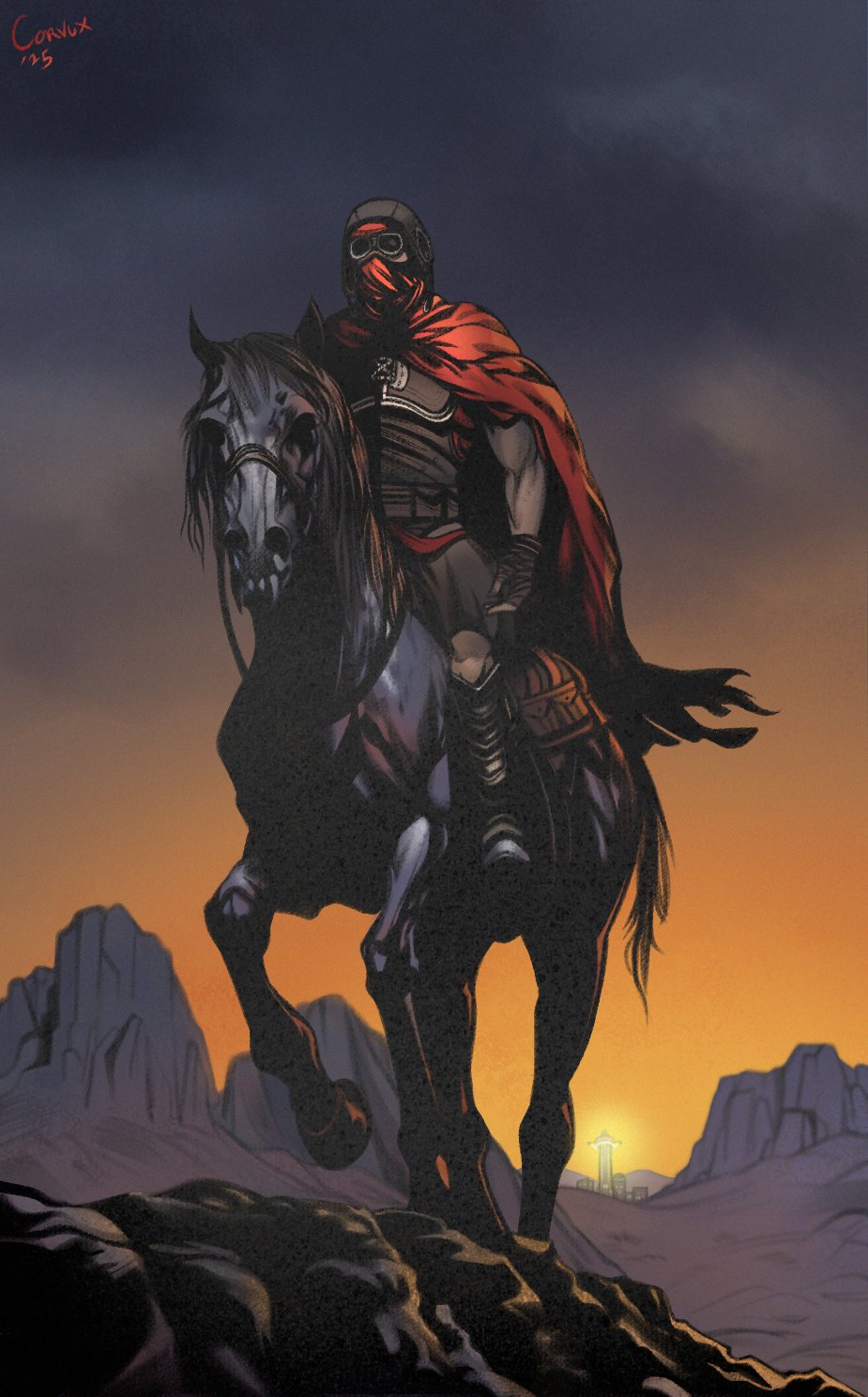 1boy, armor, boots, caesar's_legion, city, cloak, corvux, fallout, fallout:_new_vegas, goggles, hand_wraps, helmet, highres, hill, horse, legionary_(fallout), night, night_sky, orange_sky, red_cloak, saddle, saddlebags, signature, skirt, sky, solo, sunset