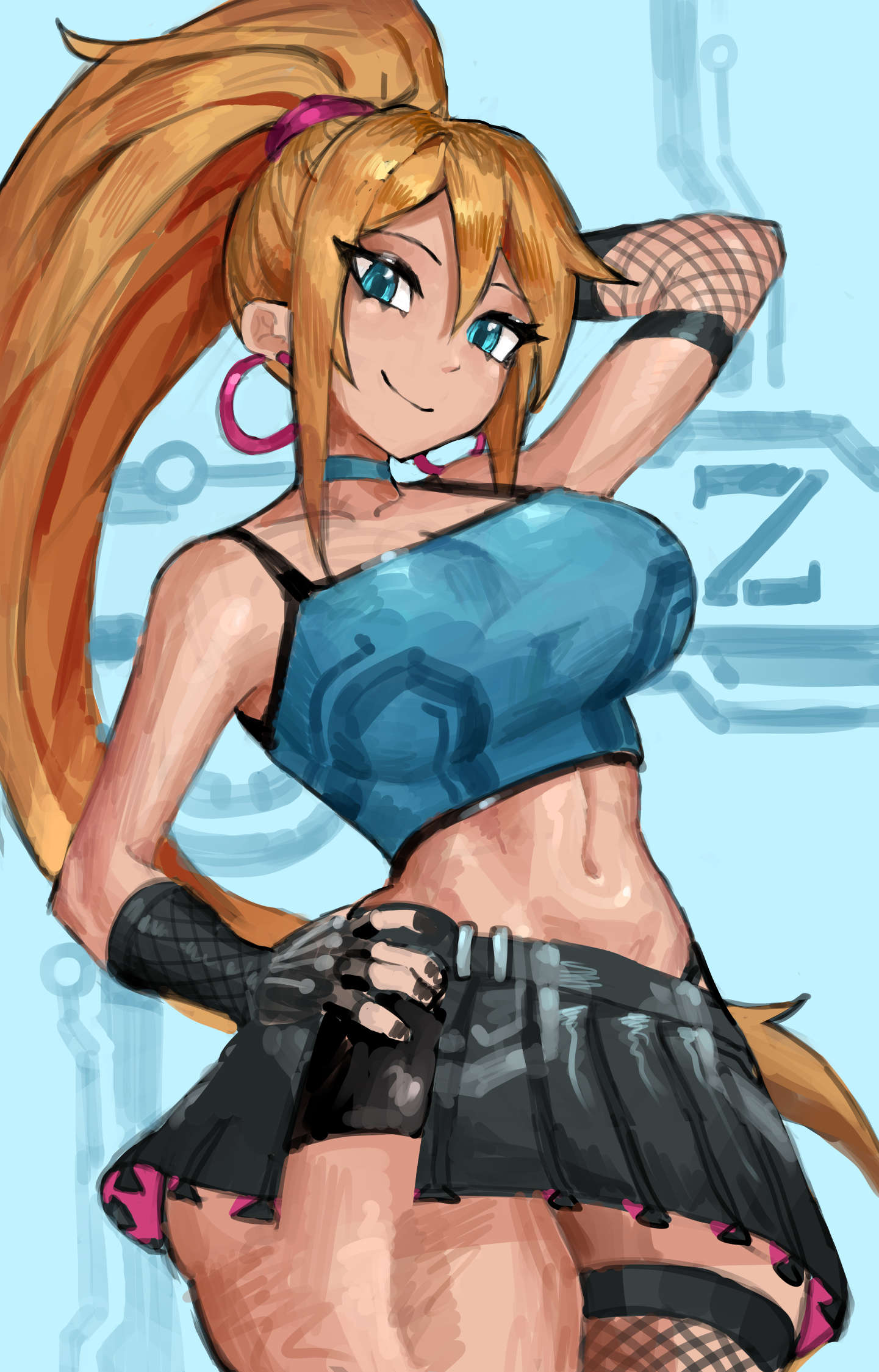 1girl, alternate_costume, blonde_hair, blue_eyes, breasts, choker, earrings, fishnets