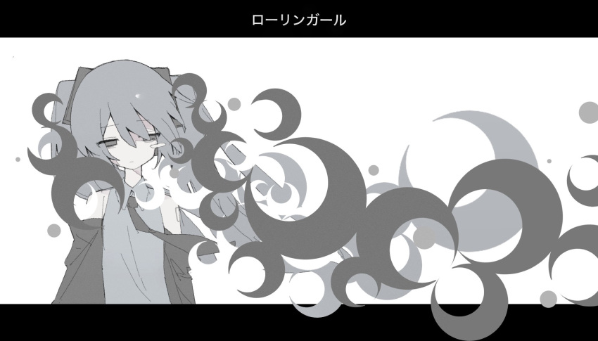 14u0, 1girl, abstract_background, arms_at_sides, bare_shoulders, collared_shirt, crescent, depressed