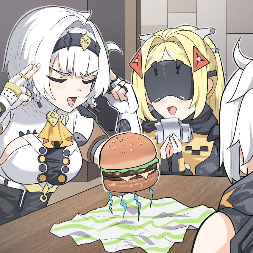 3girls, absurdres, anby_demara, anby_demara_(silver_soldier), bibitapel, black_blindfold, black_hairband, blindfold, blonde_hair, braid, burger, closed_eyes, covered_eyes, english_commentary, fingerless_gloves, floating, food, from_behind, gloves, hair_intakes, hairband, hands_on_own_head, highres, levitation, light_blush, long_hair, lower_teeth_only, man_levitating_pizza_(meme), meme, multiple_girls, open_mouth, own_hands_together, parted_bangs, short_hair, soldier_11_(zenless_zone_zero), teeth, tiara, trigger_(zenless_zone_zero), white_gloves, white_hair, zenless_zone_zero