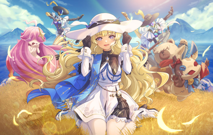 1girl, absurdres, black_bow, black_collar, black_gloves, blonde_hair, blue_sash, blue_sky