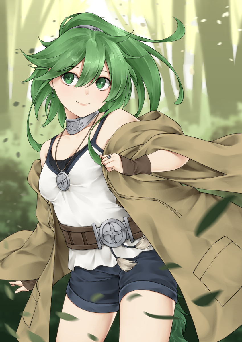 1girl, absurdres, blurry, blurry_background, breasts, brown_cloak, camisole, cloak