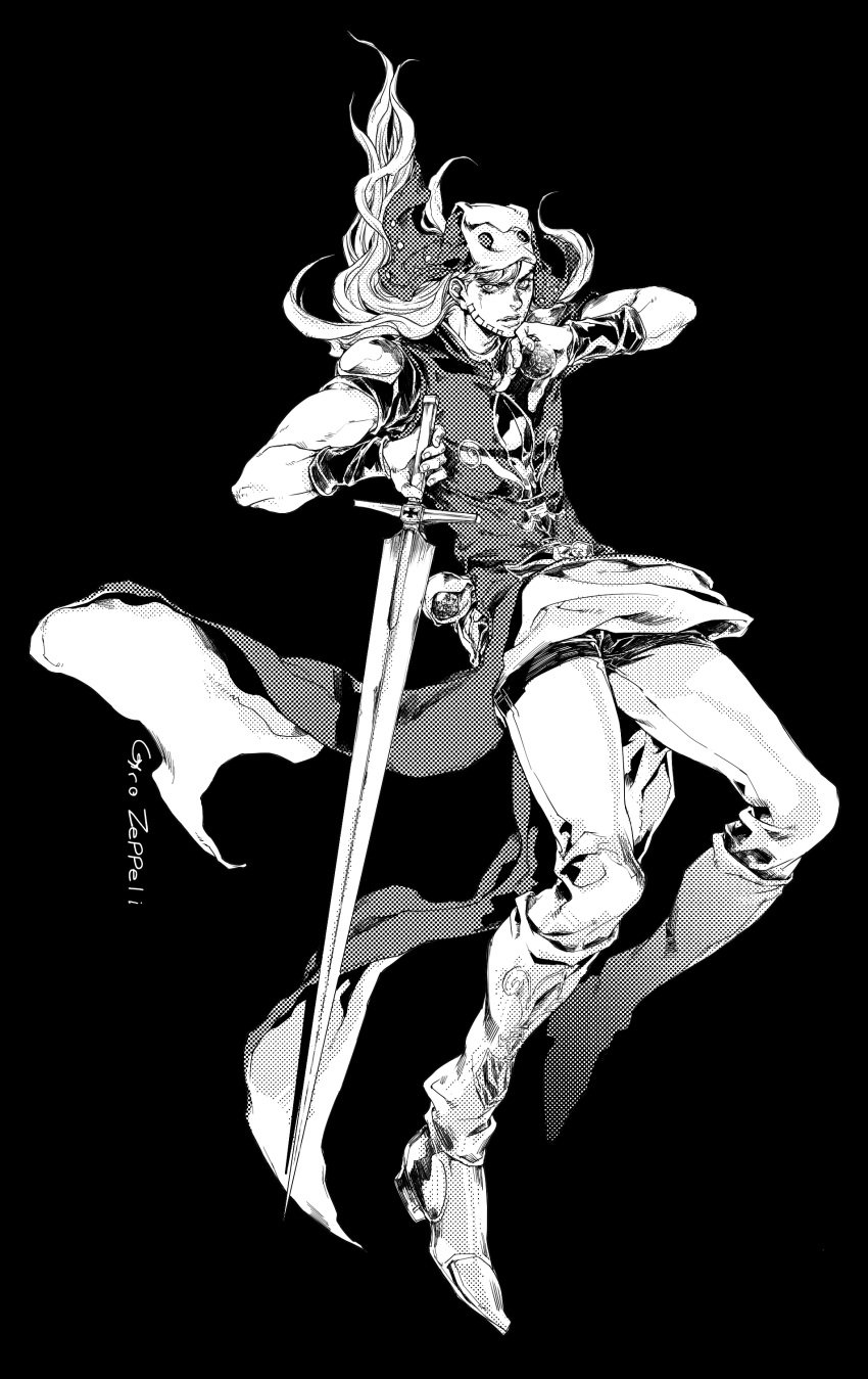 1boy, absurdres, beard, boots, bracer, character_name, executioner's_sword, executioner_hood, facial_hair, fleur-de-lis, greyscale, gyro_zeppeli, hat, highres, jojo_no_kimyou_na_bouken, knee_boots, long_hair, monochrome, official_alternate_costume, pelvic_curtain, seyo, short_sleeves, solo, steel_ball_(jojo), steel_ball_run