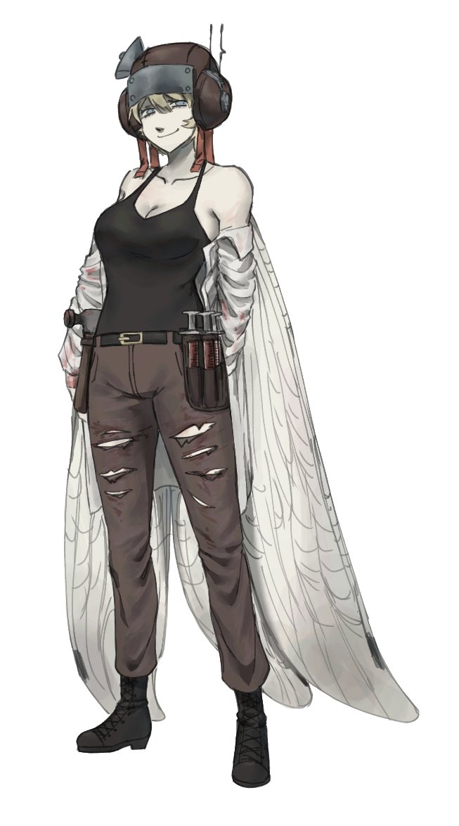 1girl, belt, black_boots, black_tank_top, blonde_hair, blood, blood_on_clothes, blue_eyes