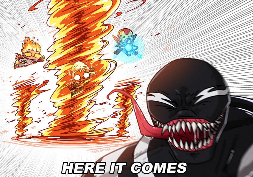 1girl, armor, avengers_(series), bodysuit, chibi, dark_skin, fantastic_four, fire