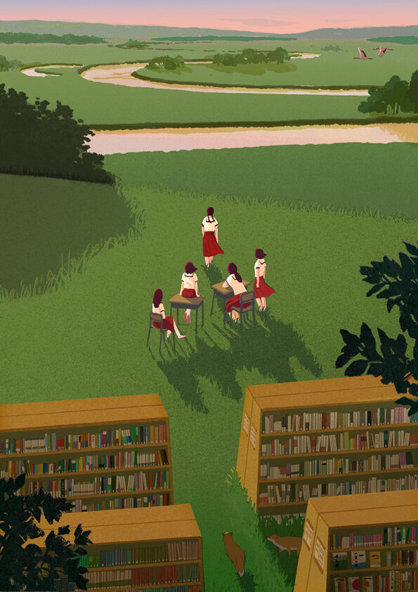 5girls, animal, bird, bookshelf, brown_hair, commentary_request, dakou_suru_suki, desk, fox, goose, grass, horizon, izumitaki_arata, landscape, multiple_girls, outdoors, red_skirt, scenery, school_desk, school_uniform, shadow, shirt, sitting, skirt, standing, tree, white_shirt, wide_shot