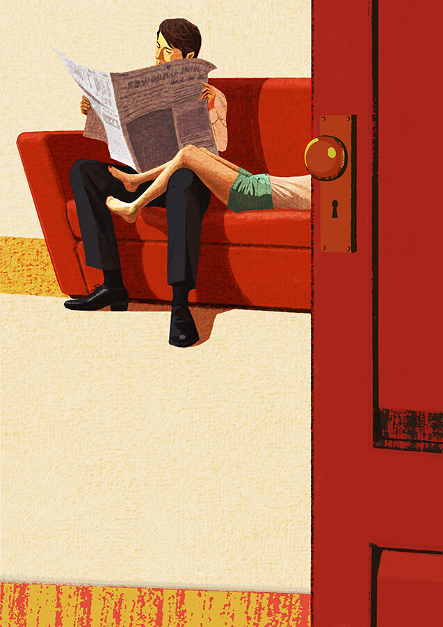 1boy, 1girl, bare_legs, barefoot, black_hair, black_pants, black_shoes, couch, dolores_haze, door, doorknob, feet, holding, holding_newspaper, humbert_humbert, indoors, izumitaki_arata, legs_on_another's_lap, lolita_(novel), long_sleeves, mixed-language_commentary, newspaper, novel_illustration, official_art, pants, rug, shoes, short_hair, short_shorts, shorts, sitting