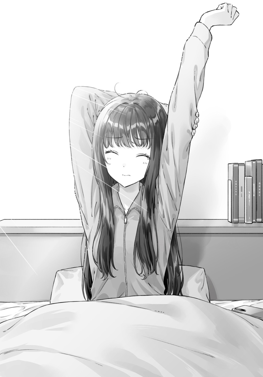 1girl, arm_up, blanket, book, closed_eyes, closed_mouth, commentary_request, gimai_seikatsu