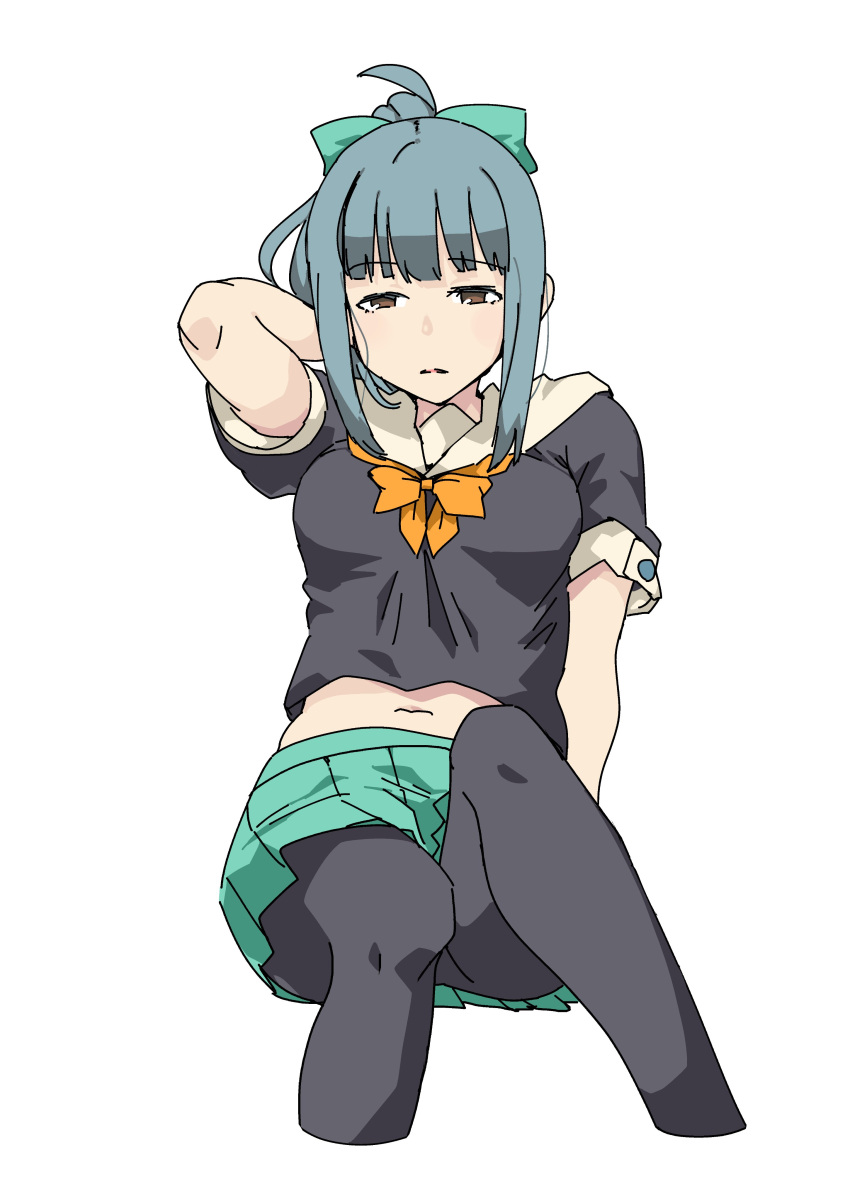 1girl, absurdres, ahoge, black_pantyhose, black_shirt, blunt_bangs, bow, cropped_legs