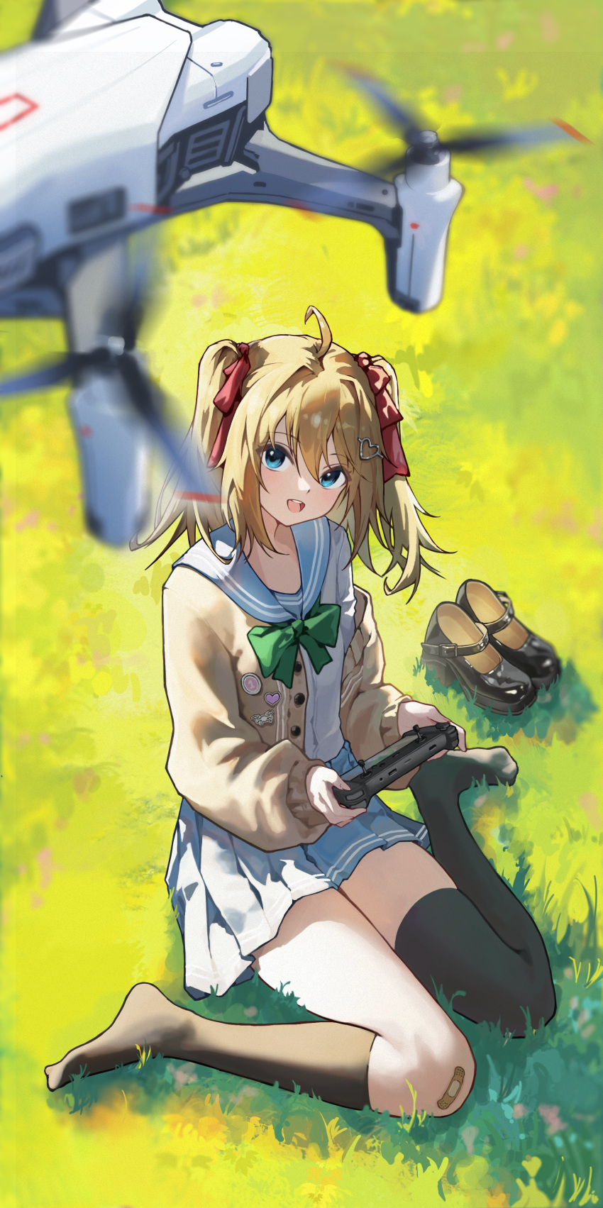 1girl, :d, absurdres, ahoge, backlighting, badge, bandaid, bandaid_on_knee