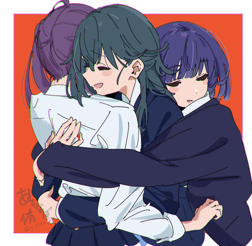 3girls, absurdres, aqua_hair, atenaba, blue_hair, blue_jacket, blue_skirt, border