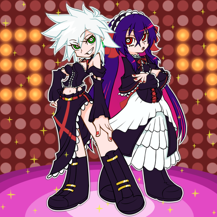 2girls, april_(coyote_ragtime_show), boots, bow, breasts, coyote_ragtime_show, crossed_arms, dress, earrings, frills, gothic, gothic_lolita, green_eyes, grey_hair, grin, gumimi, hair_bow, hair_ribbon, hairband, jewelry, lolita_fashion, may_(coyote_ragtime_show), multicolored_hair, multiple_girls, nail, nails, panty_&amp;_stocking_with_garterbelt, parody, red_eyes, ribbon, smile, sparkle, style_parody, two-tone_hair