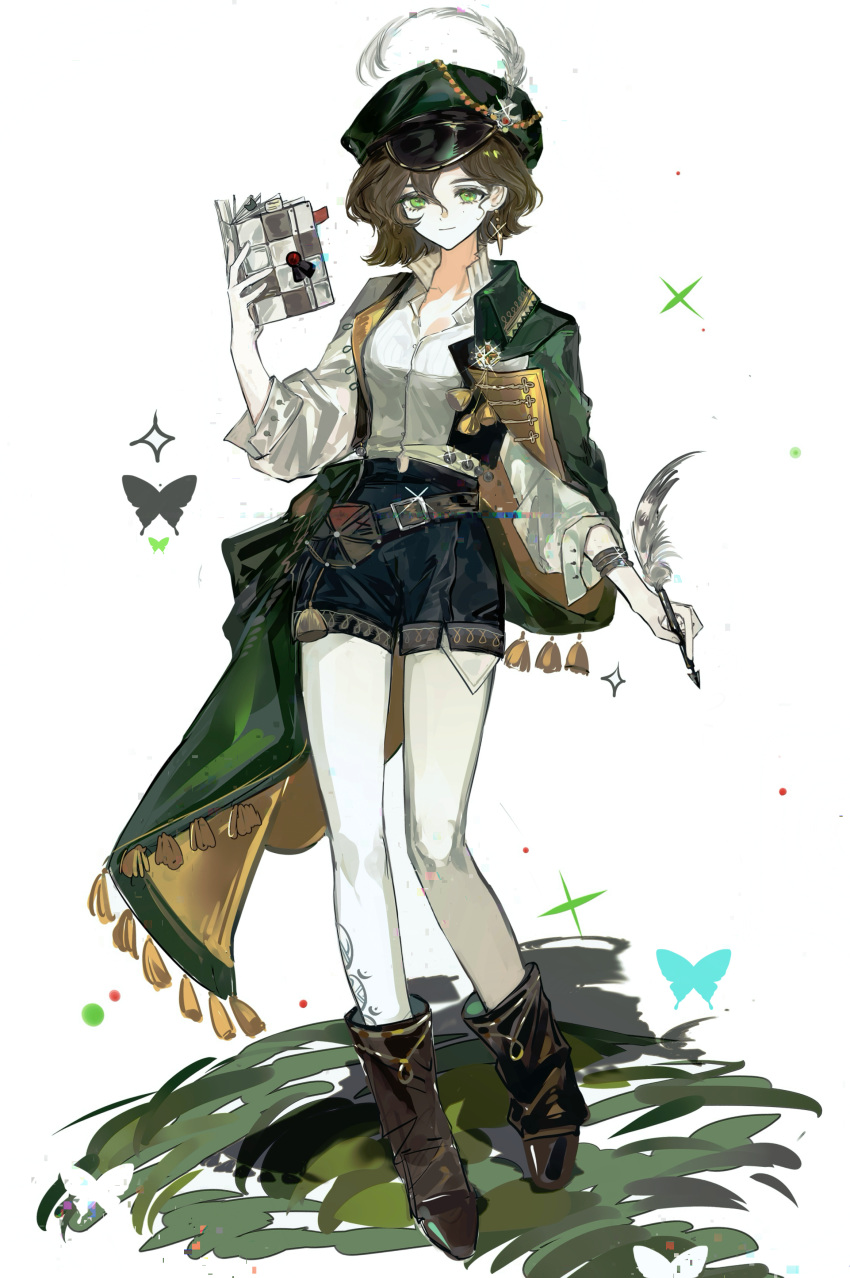 1girl, absurdres, black_shorts, black_vest, boots, brown_boots, brown_hair, bug