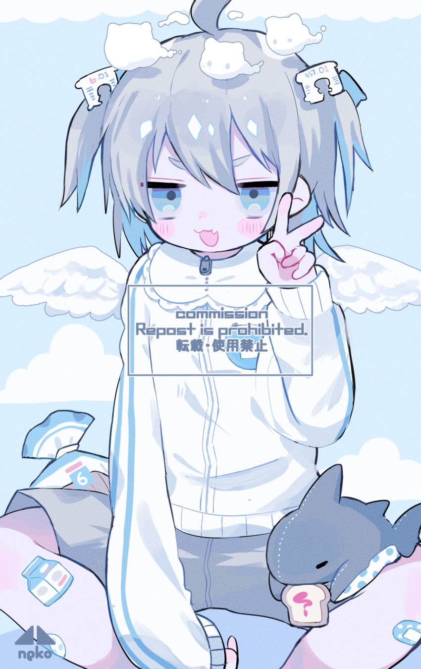 1girl, :3, bag, bandaid, bandaid_on_leg, blue_eyes, blue_hair, bread, bread_clip, bread_slice, collared_jacket, colored_inner_hair, commentary_request, commission, cotono_(nazekun), fang, feathered_wings, feet_out_of_frame, food, grey_hair, grey_shorts, hair_between_eyes, hair_ornament, highres, jacket, lace-trimmed_shirt_collar, long_sleeves, medium_hair, multicolored_hair, open_mouth, original, round_collar, shorts, sitting, skeb_commission, skin_fang, smile, stuffed_animal, stuffed_shark, stuffed_toy, toast, two-tone_hair, two_side_up, v, v-shaped_eyebrows, watermark, white_jacket, white_wings, wings