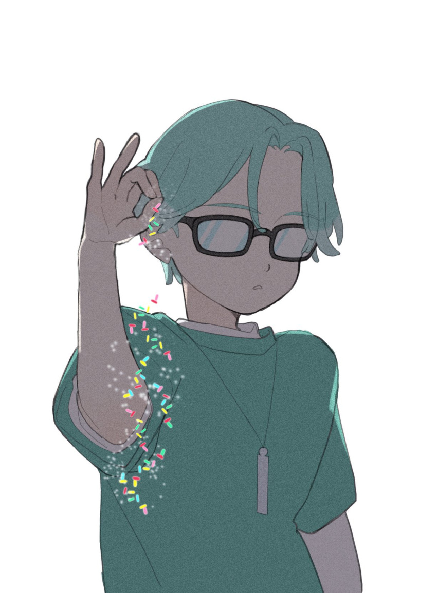1boy, 35kawaiiprpr, blurry, chocolate_print, depth_of_field, food_print, glasses, green_eyes