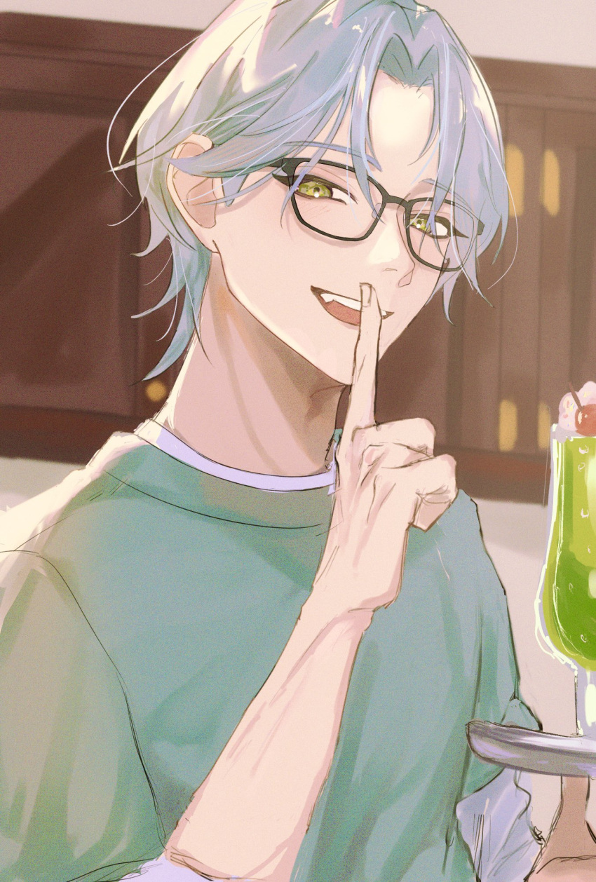 1boy, cafe, cherry, cream_soda, food, fruit, glasses, green_eyes, green_hair, green_shirt, hand_up, hibiki_kaito, highres, holding, holding_tray, kimi_to_idol_precure, long_sleeves, looking_at_viewer, mature_male, melon_soda, open_mouth, parted_bangs, pointing, pointing_up, precure, shirt, side_part, solo, solo_focus, teeth, totat_39, tray, upper_teeth_only, waiter