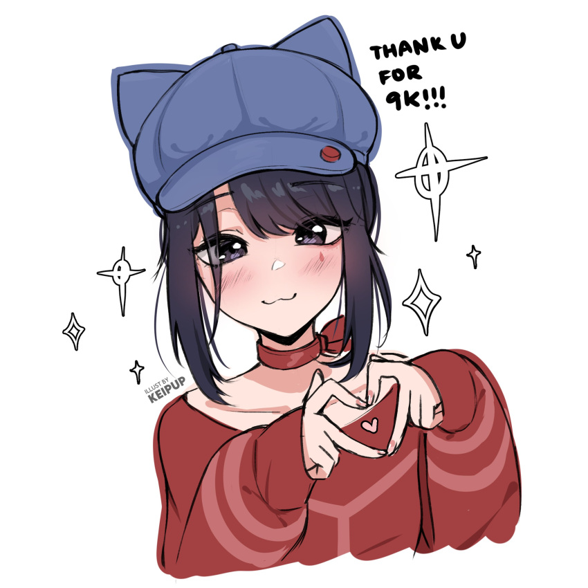 1girl, 4-finger_heart_hands, :3, absurdres, animal_ear_headwear, artist_name, black_eyes, black_hair