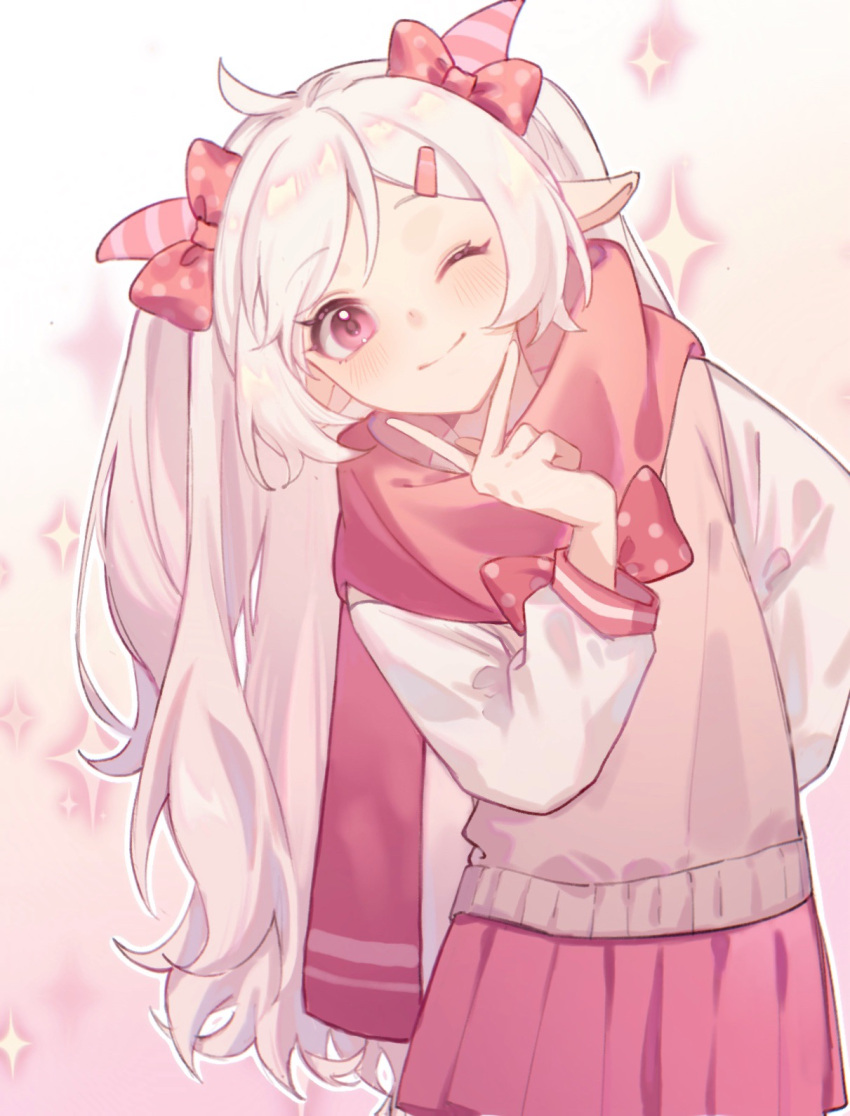1girl, ;), animal_ears, arm_behind_back, bow, brown_sweater_vest, closed_mouth, cowboy_shot