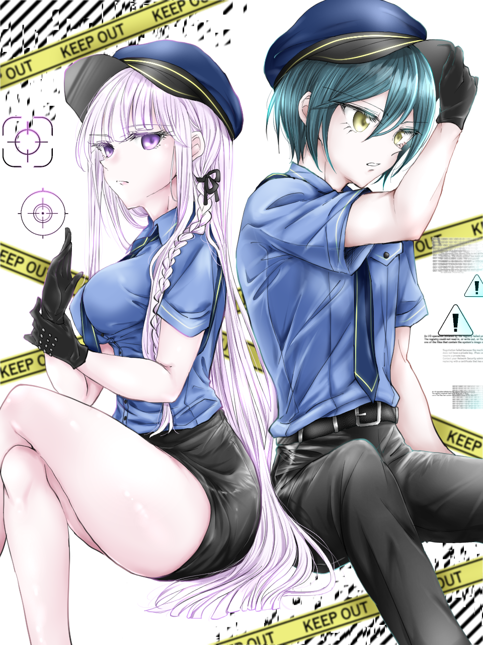 1boy, 1girl, belt, black_belt, black_gloves, black_pants, black_ribbon, black_skirt