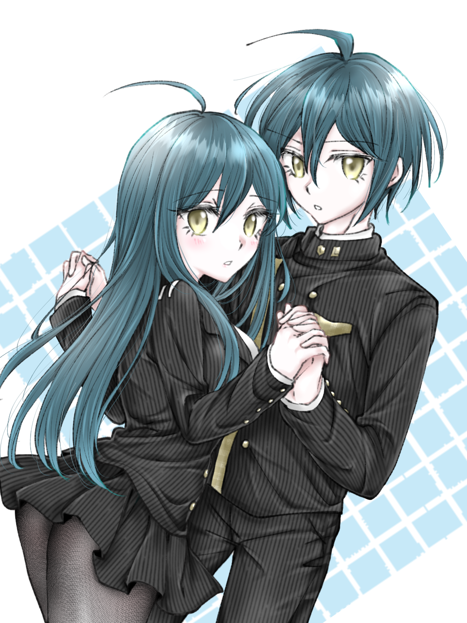 1boy, 1girl, ahoge, black_jacket, black_pants, black_pantyhose, breasts, brown_eyes