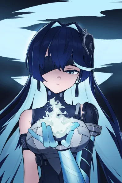 1girl, bad_source, blue_eyes, blue_fire, blue_hair, dark_background, earrings, fate_trigger:_the_novita