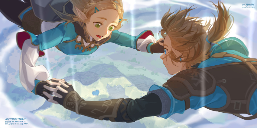 1boy, 1girl, absurdres, blonde_hair, blue_eyes, blue_shirt, braid, champion's_tunic_(zelda), cloak, crown_braid, english_commentary, falling, greene_(darknifeg), hair_ornament, hairclip, highres, holding_hands, hood, hooded_cloak, interlocked_fingers, link, midair, open_mouth, outdoors, pointy_ears, ponytail, princess_zelda, shirt, short_ponytail, smile, the_legend_of_zelda, the_legend_of_zelda:_tears_of_the_kingdom, tianyexiping