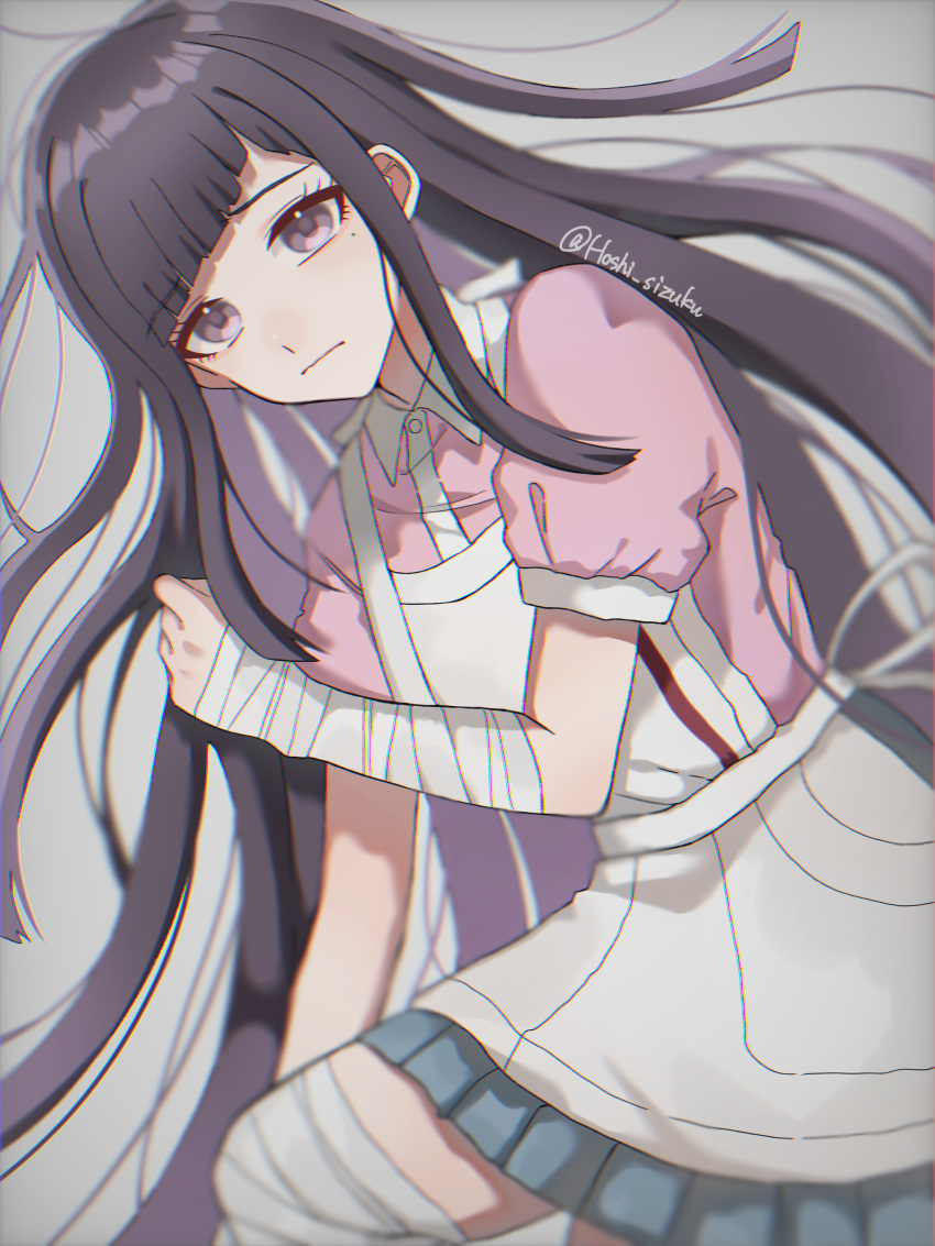 1girl, absurdres, apron, bandaged_arm, bandaged_leg, bandages, black_hair, blush