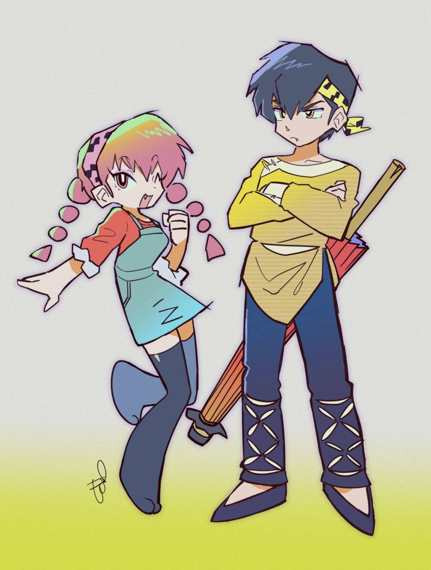 1boy, 1girl, bandana, black_hair, closed_mouth, crossed_arms, fang, full_body, hair_between_eyes, hibiki_ryouga, highres, one_eye_closed, open_mouth, poppoco_nn, ranma-chan, ranma_1/2, red_hair, yellow_bandana