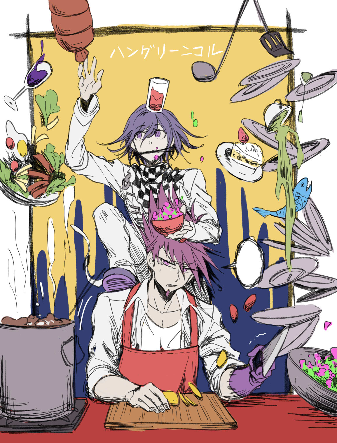 2boys, annoyed, bowl, cake, cake_slice, checkered_clothes, checkered_scarf, chopping