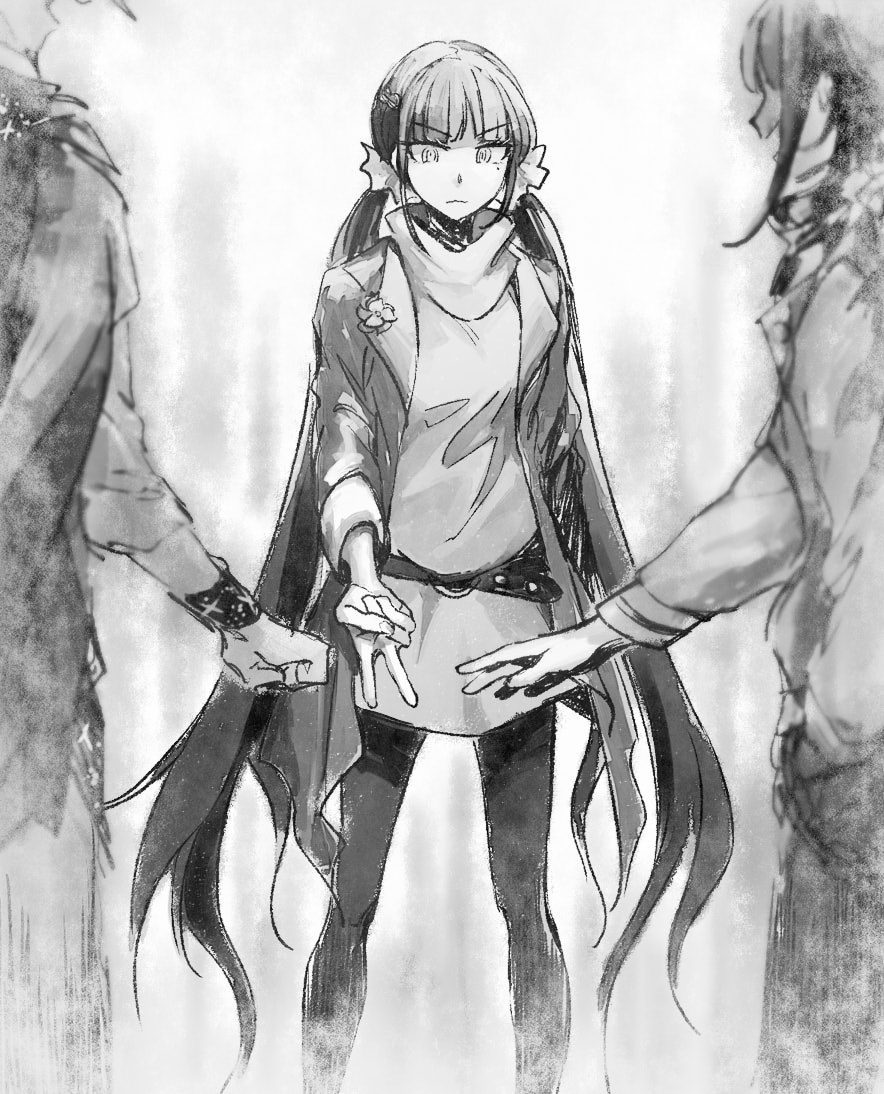 1girl, 2boys, alternate_costume, belt, black_hair, blunt_bangs, checkered_clothes, checkered_scarf