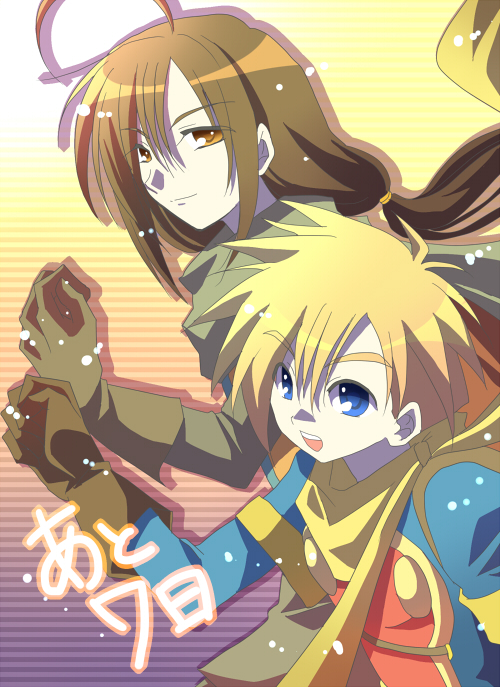 2boys, antenna_hair, blonde_hair, blue_eyes, blue_tunic, brown_eyes, brown_gloves, brown_hair