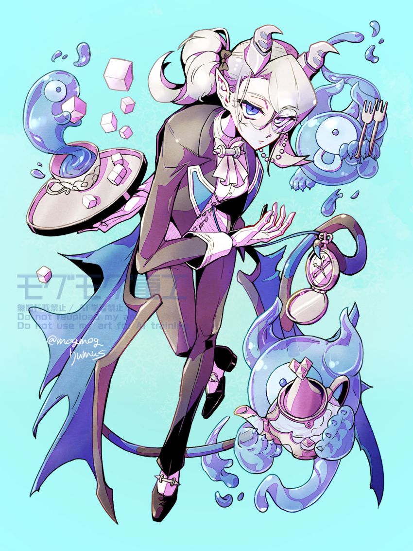 1girl, arias_the_labrynth_butler, arm_behind_back, black_jacket, black_pants, black_suit, black_tail, blue_background