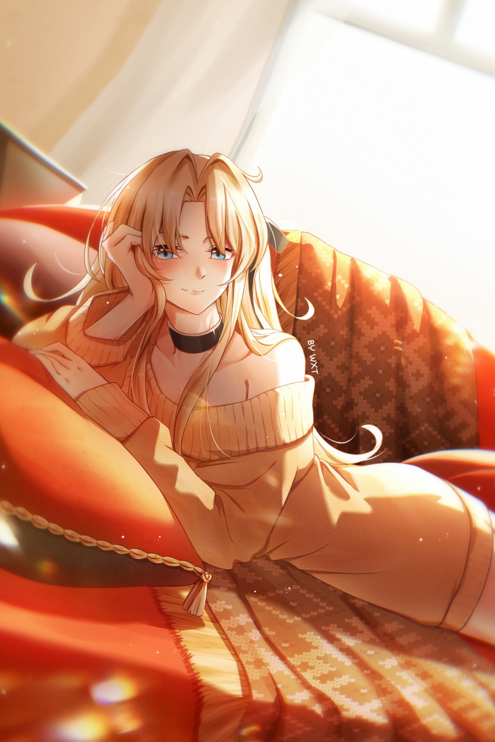 1girl, alternate_costume, azur_lane, backlighting, black_choker, blanket, blonde_hair, blue_eyes