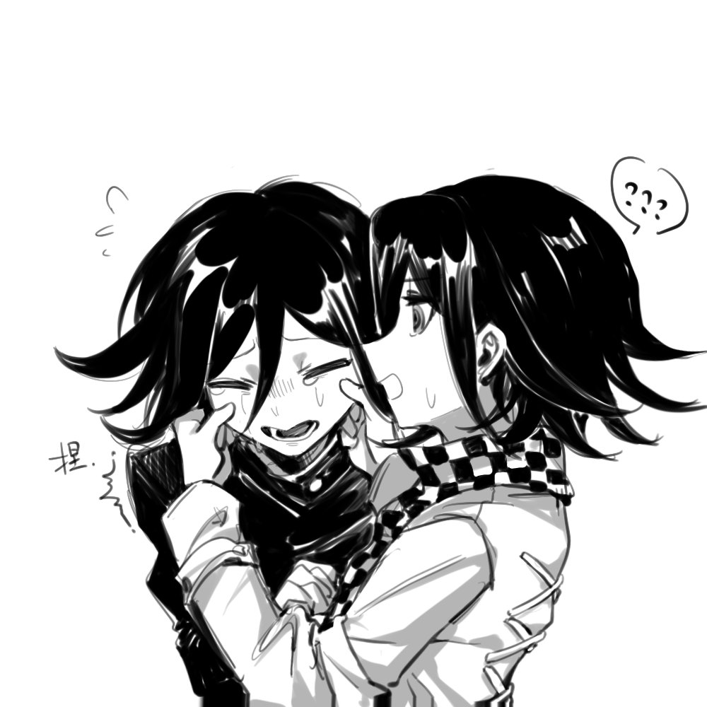 2boys, ?, ??, checkered_clothes, checkered_scarf, closed_eyes, confused, cross-laced_clothes