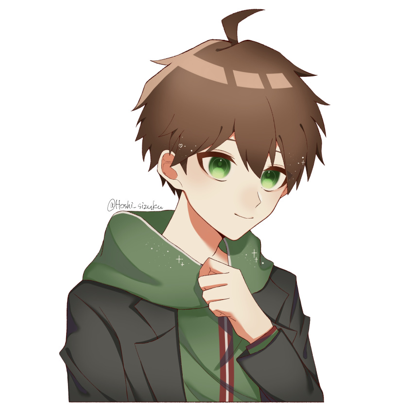 1boy, absurdres, brown_hair, danganronpa:_trigger_happy_havoc, danganronpa_(series), green_eyes, green_hoodie, green_jacket