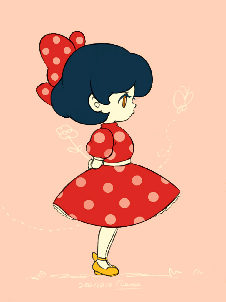 1girl, black_hair, bow, chai_5, chibi, disney, dress, from_side