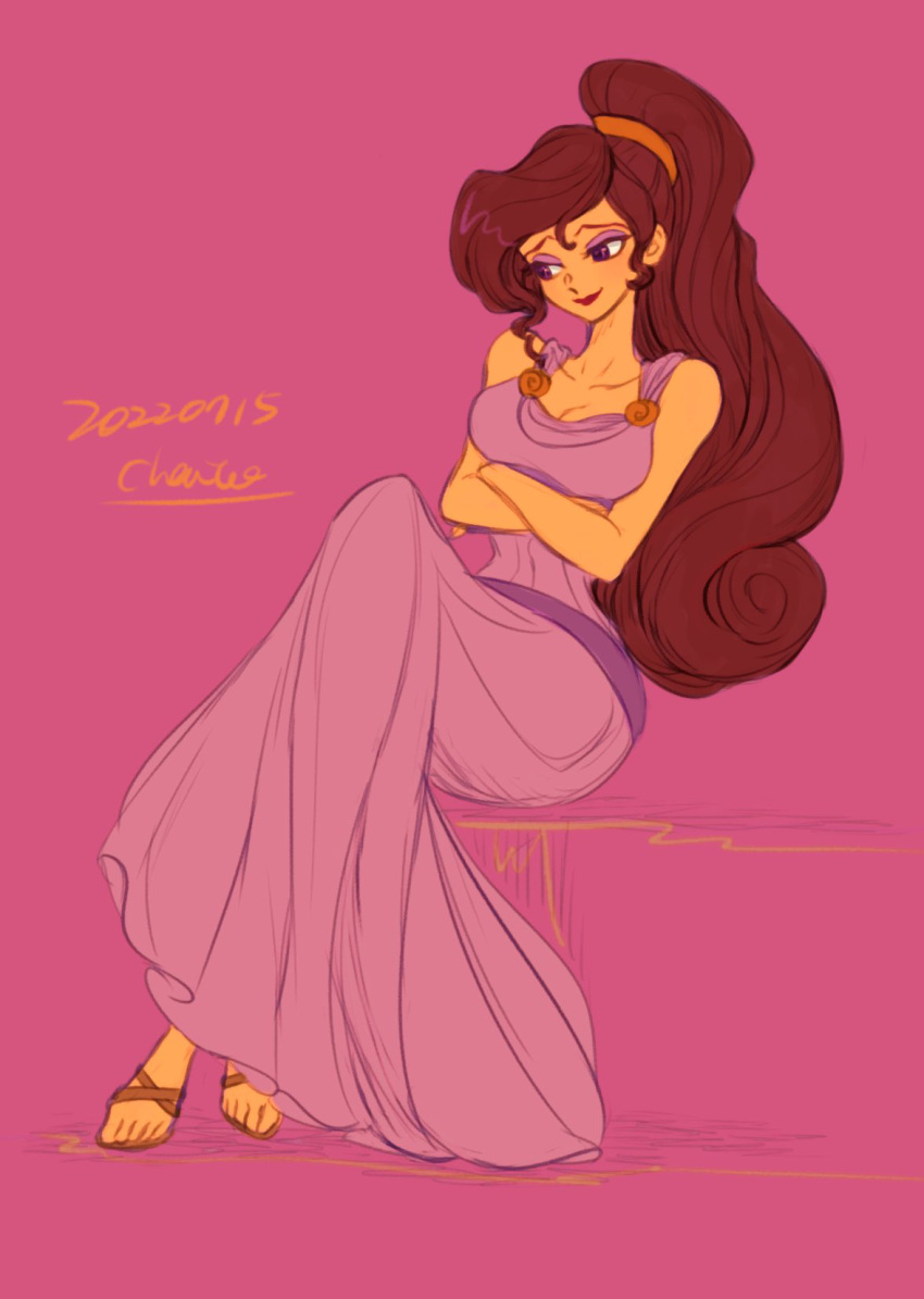 1girl, bare_shoulders, brown_hair, chai_5, dress, eyeshadow, full_body, hercules_(1997_film)