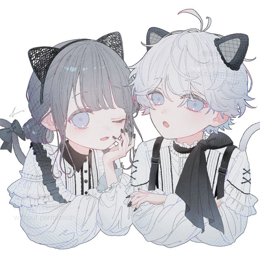 1boy, 1girl, absurdres, ahoge, animal_ears, black_nails, cat_day, cat_ears
