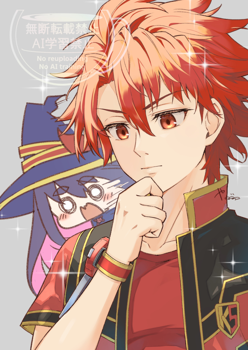 1boy, 1girl, asagaki_toogo, chibi, grey_background, hat, highres, idola_avorn