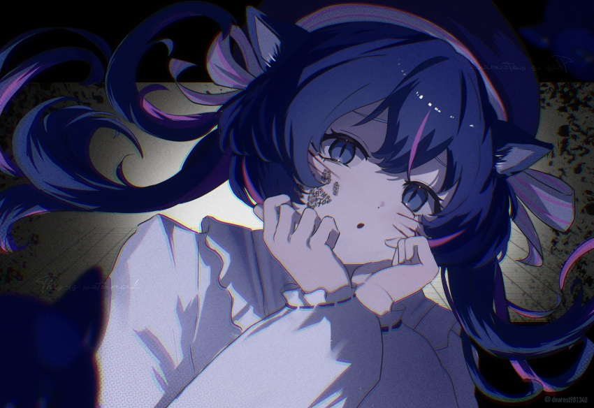 1girl, animal_ears, blue_eyes, blue_hair, cat_ears, dearest981340, drawn_whiskers, facial_mark