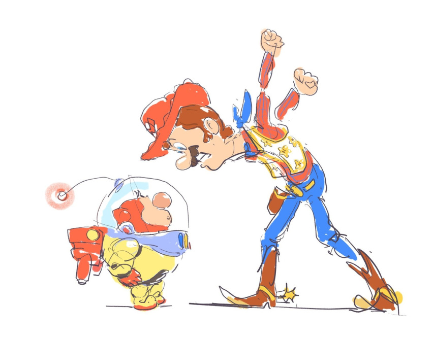2boys, arms_up, belt, big_nose, black_eyes, blue_eyes, blue_pants, boots