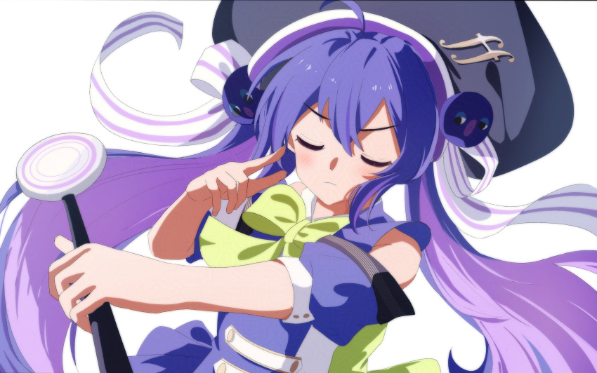 1girl, absurdres, bare_shoulders, black_hat, blue_dress, blue_hair, bow, bowtie