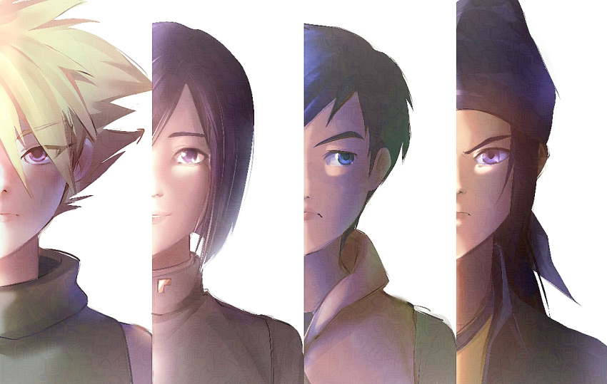 4boys, bandana, bare_shoulders, black_eyes, black_hair, blonde_hair, blue_bandana, blue_eyes