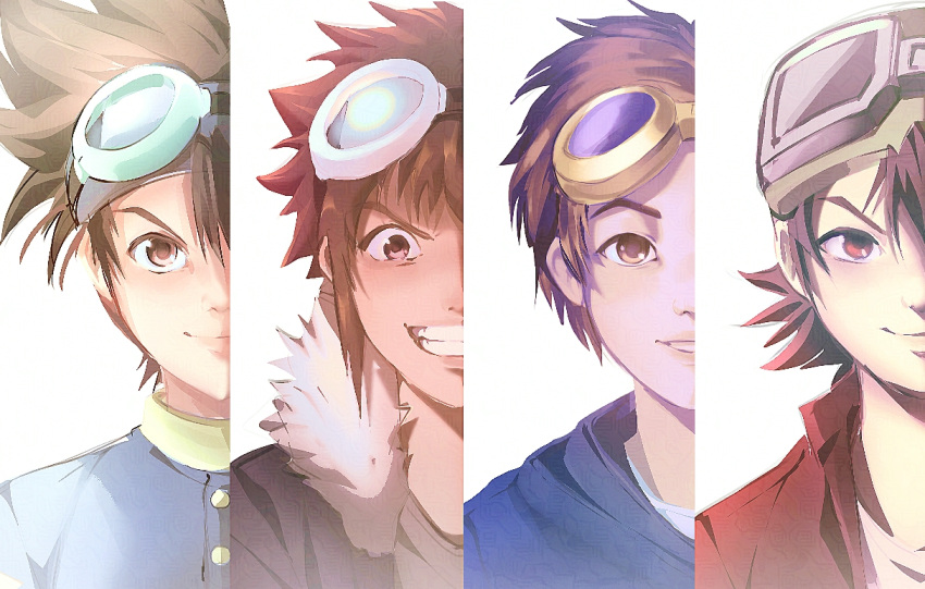 4boys, blue_hoodie, blue_shirt, brown_eyes, brown_hair, close-up, digimon, digimon_adventure