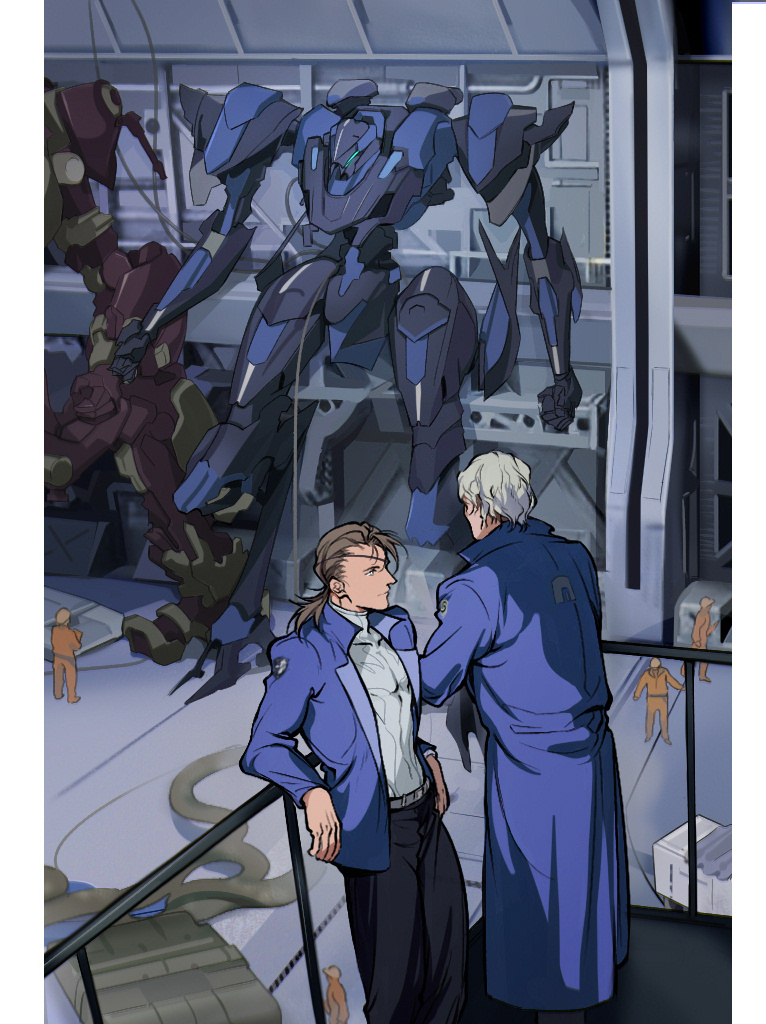 2boys, against_railing, armored_core, armored_core_vi:_fires_of_rubicon, barren_flower_(armored_core_vi), black_pants, blue_coat, blue_jacket, brown_hair, cable, coat, commentary_request, emblem, eyepatch, jacket, low_ponytail, maintenance, maintenance_bay, male_focus, mecha, medium_hair, multiple_boys, open_clothes, open_jacket, orange_overalls, overalls, pants, people, ponytail, railing, refus, reverse-jointed_legs, robot, short_hair, steel_haze, toned, toned_male, v.iii_o'keeffe, v.iv_rusty, white_hair, white_undershirt