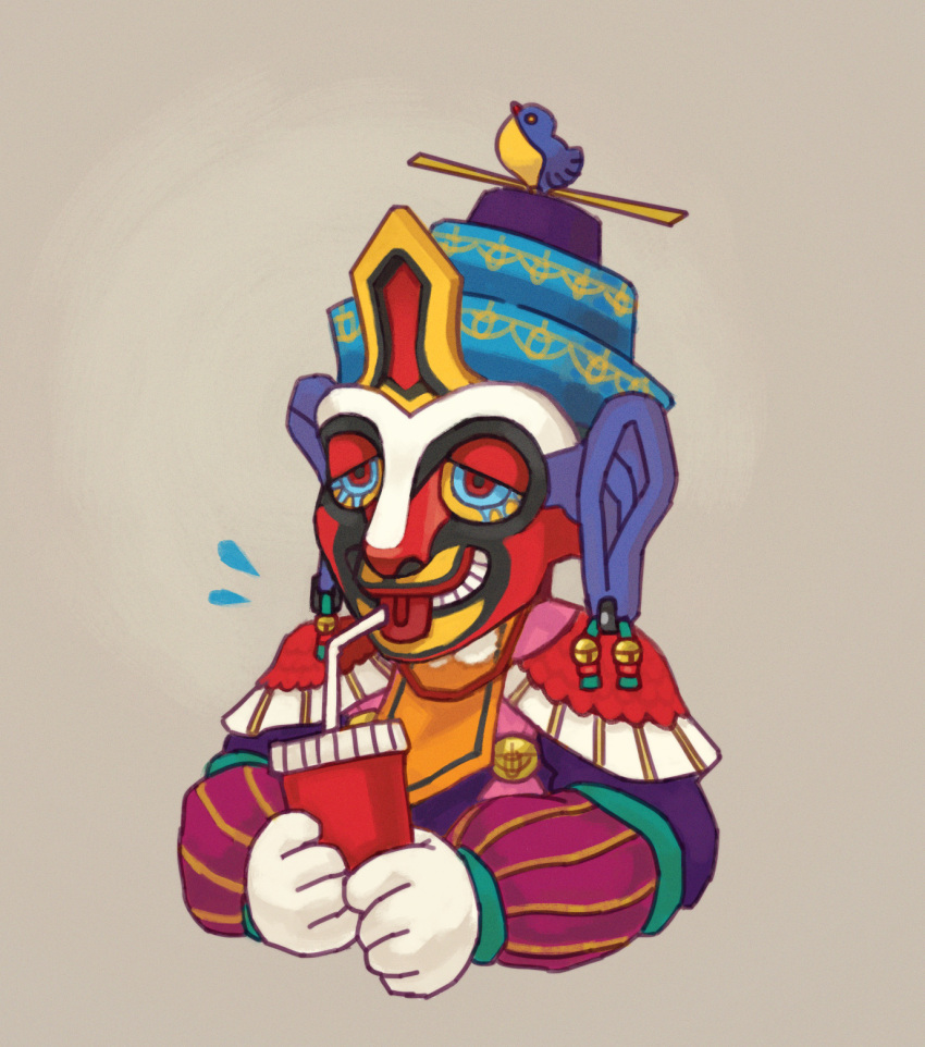 animal_on_head, badge, baten_kaitos, bird, bird_on_head, cup, drinking_straw, giantratbf, gloves, highres, mask, mizuti_(baten_kaitos), on_head, solo, upper_body, white_gloves