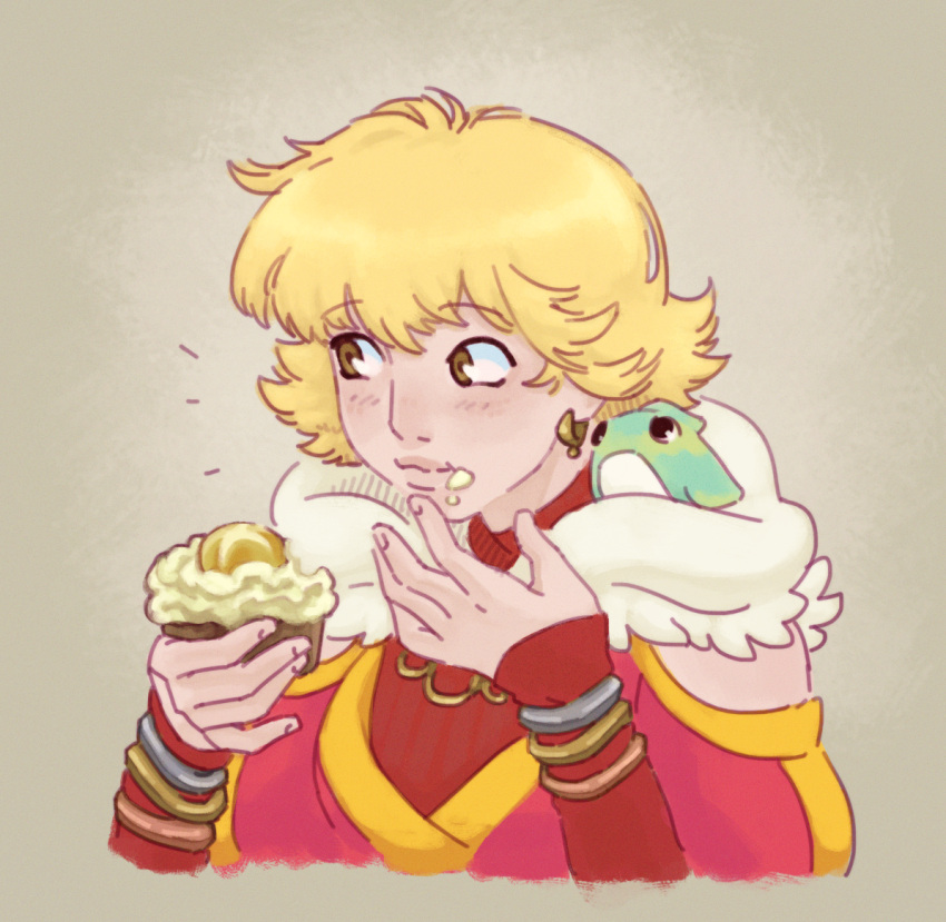 1girl, baten_kaitos, blonde_hair, blush, bracelet, brown_eyes, cupcake, earrings