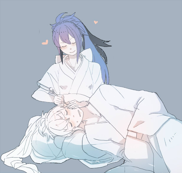 1boy, 1girl, blue_hair, closed_eyes, closed_mouth, couple, ear_cleaning, facing_viewer